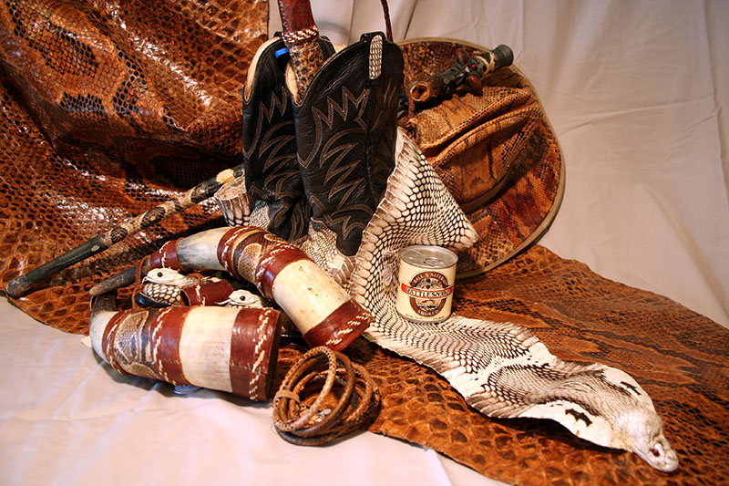 Various objects made from snake anatomical parts: python and cobra skin,  hat, snakeskin boots and bracelets, canned rattlesnake meat, walking stick and horns covered with python skin.  